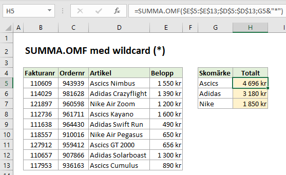 SUMMA.OMF SUMIFS wildcard jokertecken