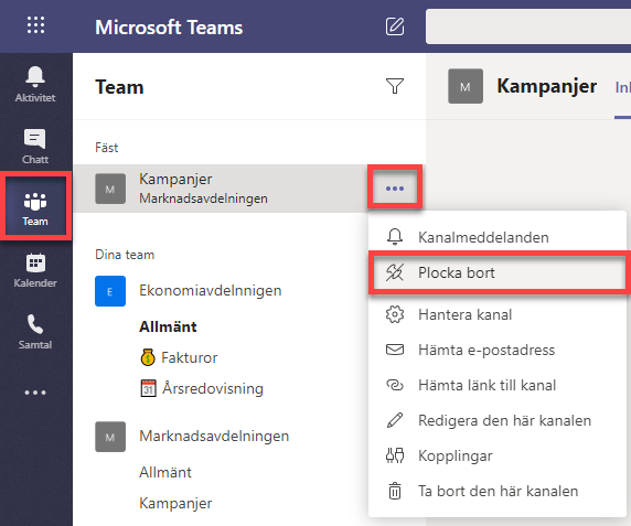 Fästa favoriter i Teams