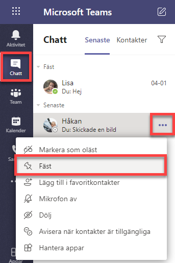 Fästa favoriter i Teams