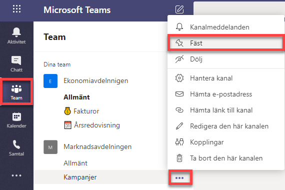 Fästa favoriter i Teams