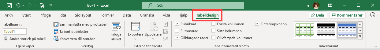 Menyfliken Tabelldesign i Excel.