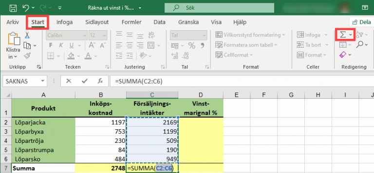 Räkna ut vinsten i procent - Excelbrevet