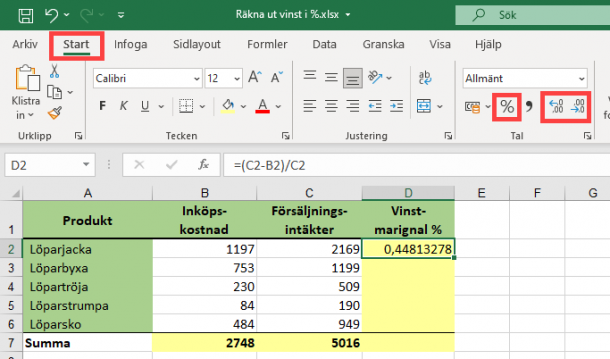 Räkna ut vinsten i procent - Excelbrevet