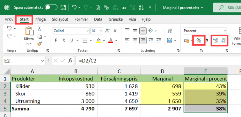 Beräkna marginal - Excelbrevet