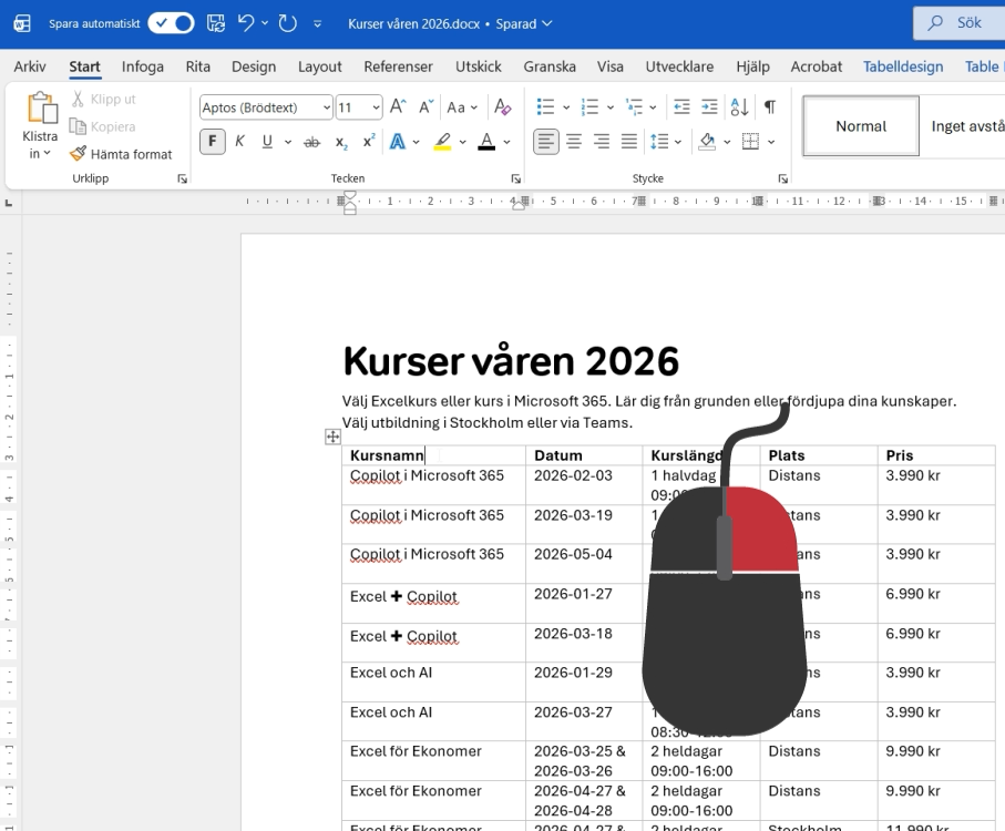 Högerklicka tabellrubrikraden