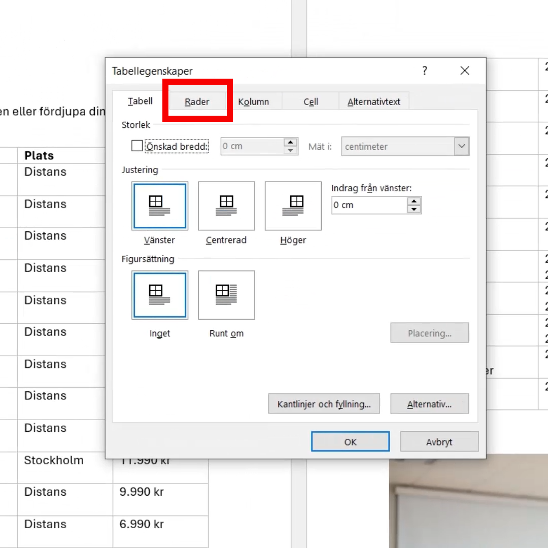 Dialogfönstret Tabellegenskaper