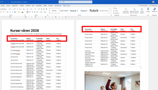 Upprepa tabellrubrik i Word