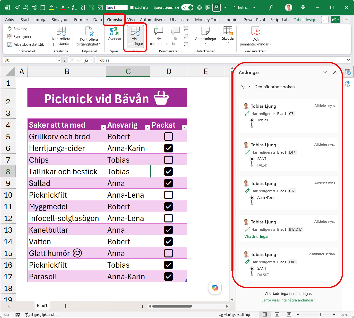 Granska Visa ändringar Excel