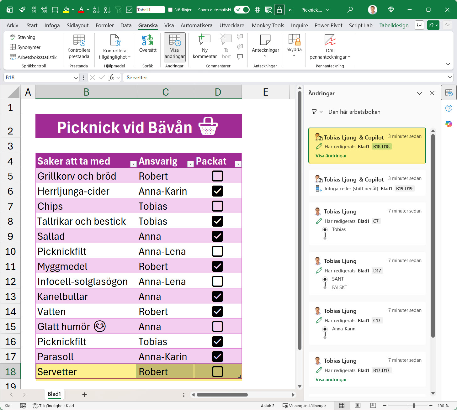Copilot ändringar Excel